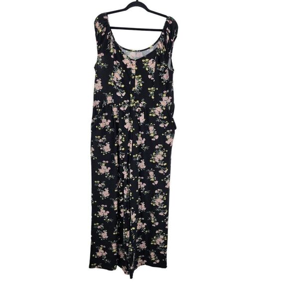 No Boundaries Off Shoulder Wide Leg Jumpsuit 3X Black Pink Floral Pockets Casual - Picture 4 of 12